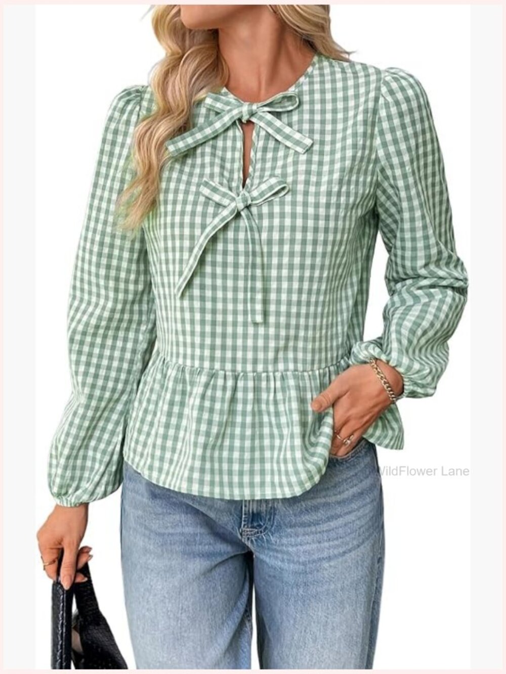 Bow Tie Babydoll Blouse Long Sleeve Gingham Dressy Casual Top